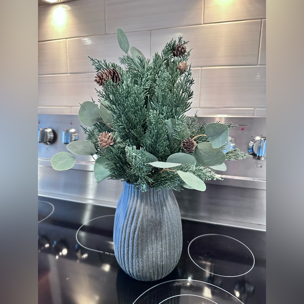 Artificial Holiday Floral Arrangement Featuring Faux Pine, Eucalyptus Leaves Vas